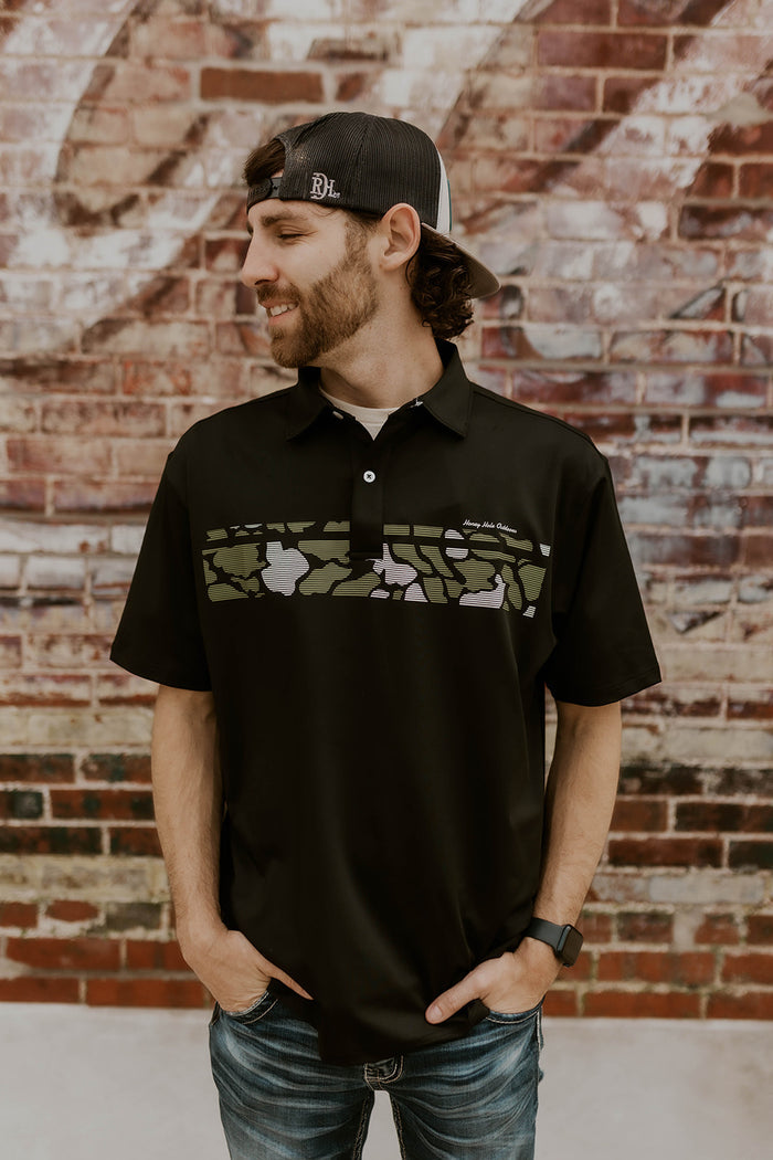 Honey Hole Performance Polo- Camo Black