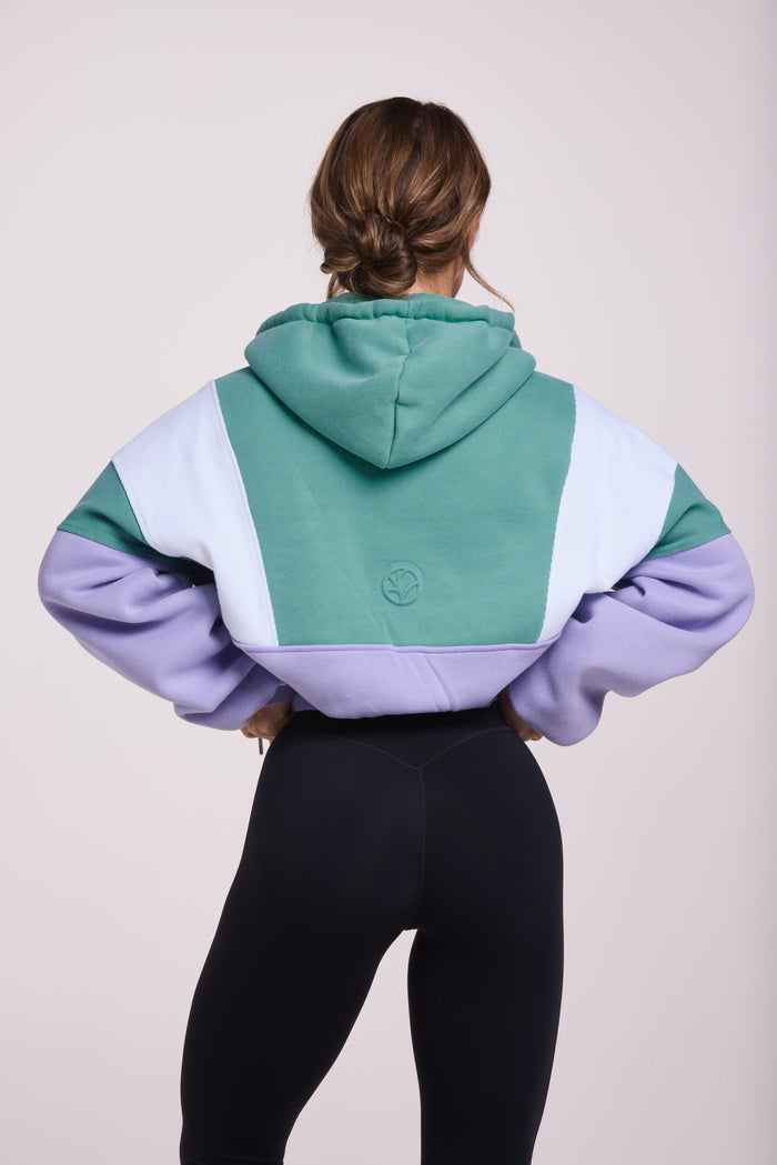 Hip length, full zip hoodie, with ribbed panels, embossed sleeve logo, in a slouchy oversize fit, in green, lavender and white.