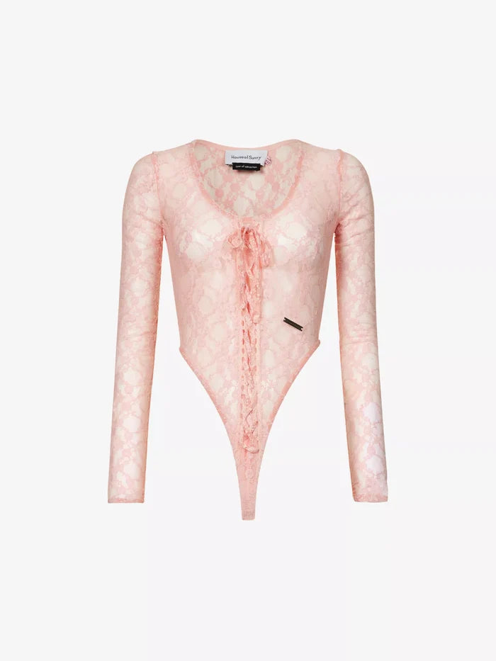 House Of Sunny Pink Love Lace Sheer Romantic Coquette Bodysuit - House Of Huntington