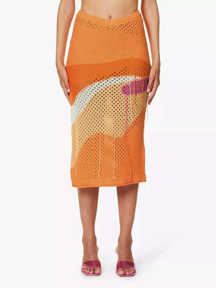 House Of Sunny Pompelmo Sunset Intarsia Crochet Knit Low Rise Summer Skirt - House Of Huntington