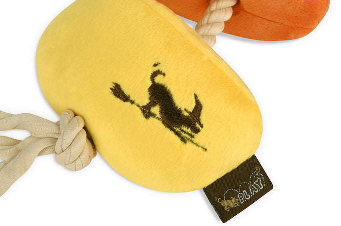 Howling Haunts Collection - Canine Corn Toy close up of P.L.A.Y. embroidered logo of downward dog flying on a broom