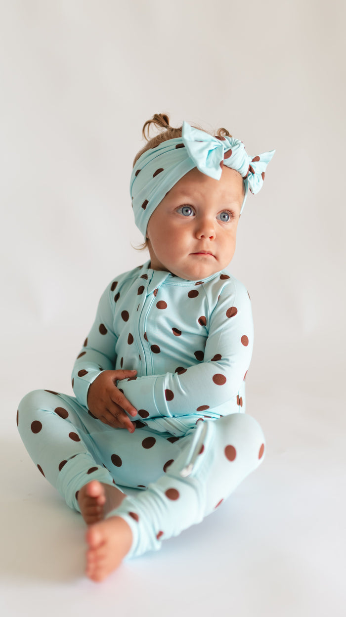 Infant Knot Head Bow in Blue & Brown Polka Dot