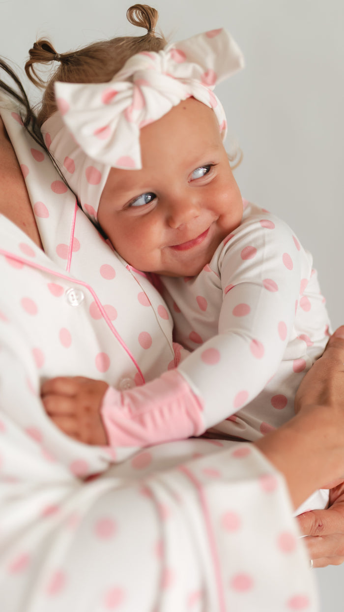 Infant Knot Head Bow in White & Pink Polka Dots
