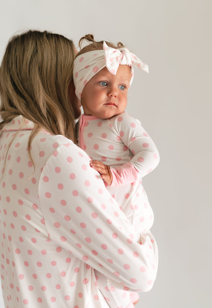 Infant Knot Head Bow in White & Pink Polka Dots