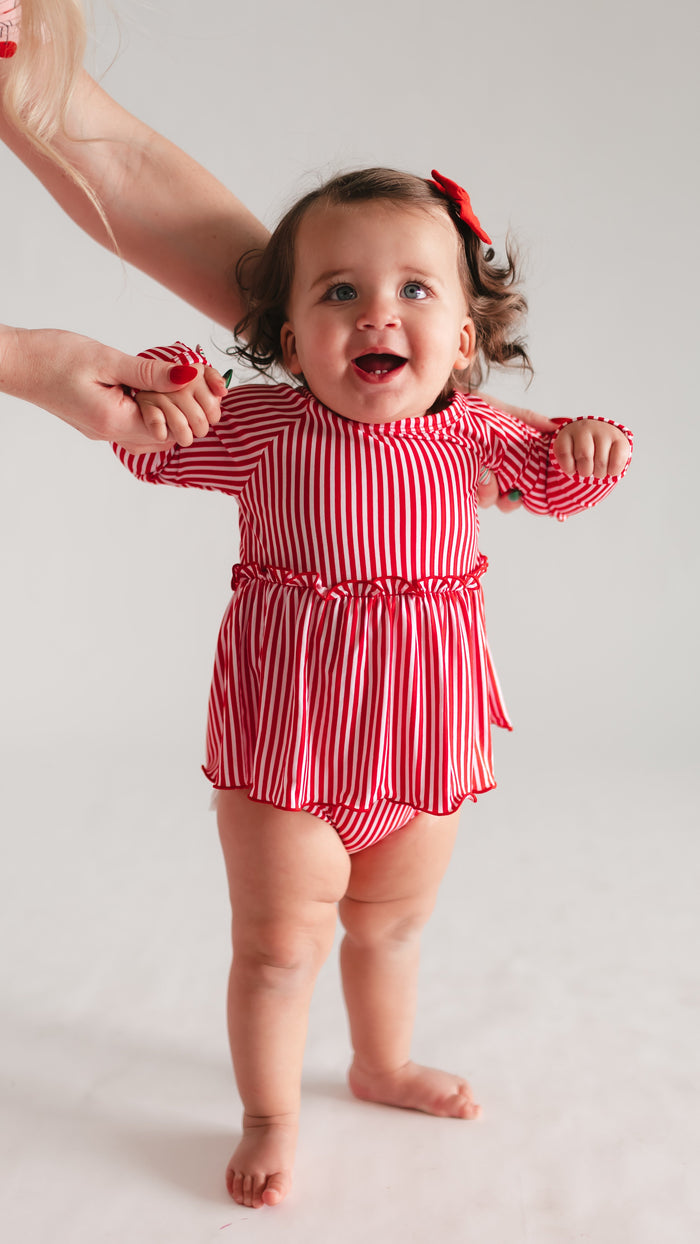 Infant Long Sleeve and Skirt Onesie in Red Pin Stripes
