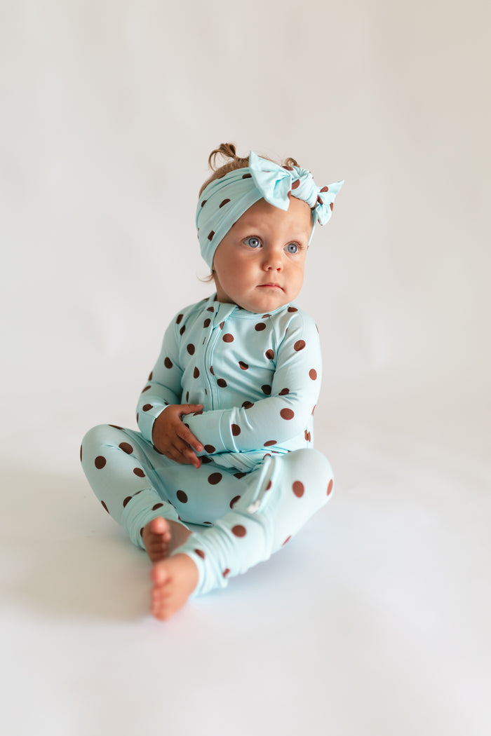 Infant Romper in Blue & Brown Polka Dot