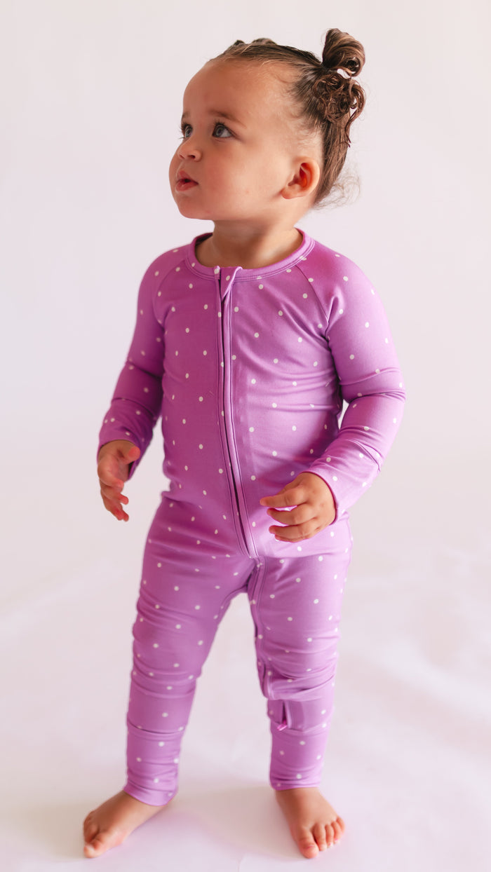 Infant Romper in Neon Purple Polka Dot