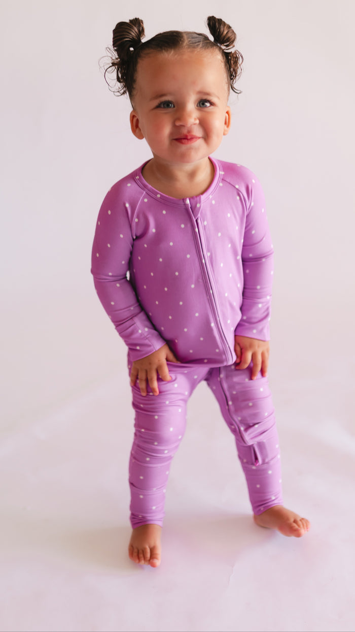 Infant Romper in Neon Purple Polka Dot