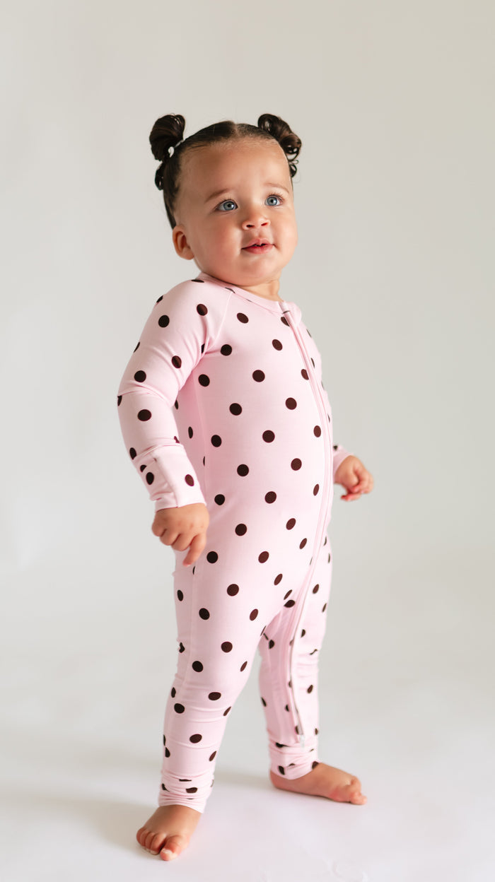Infant Romper in Pink & Brown Polka Dot