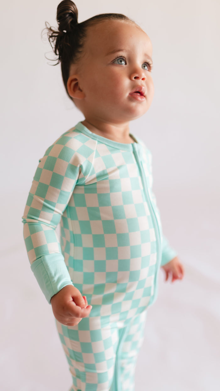 Infant Romper in Teal Neon Checkered