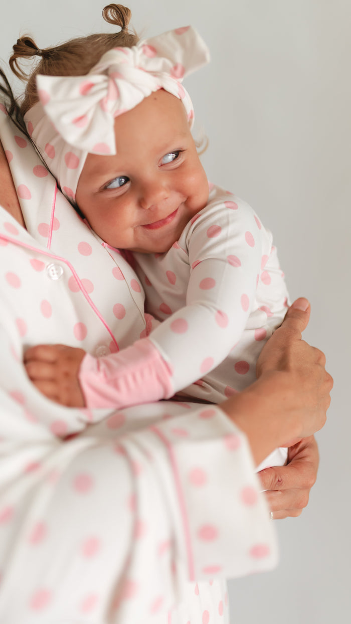 Infant Romper in White & Pink Polka Dot