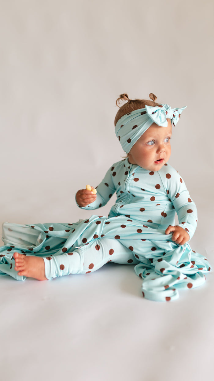Infant Swaddle in Blue & Brown Polka Dot