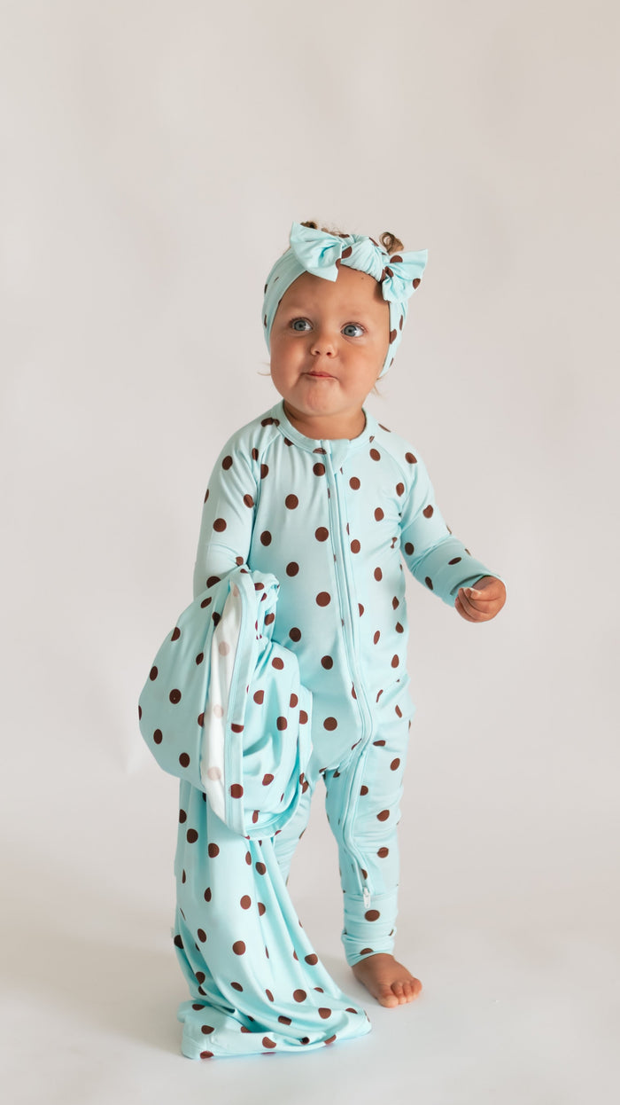 Infant Swaddle in Blue & Brown Polka Dot