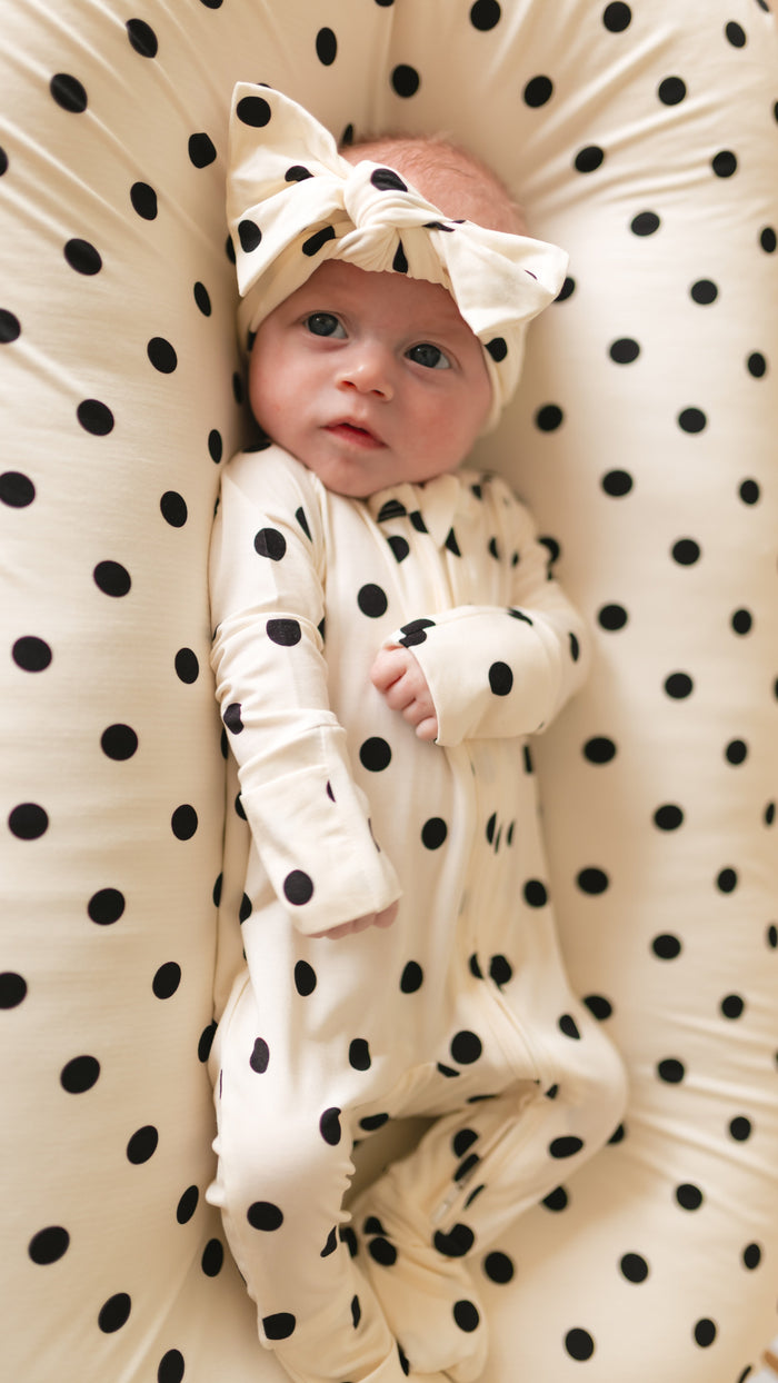 Infant Swaddle in Cream & Black polka dot