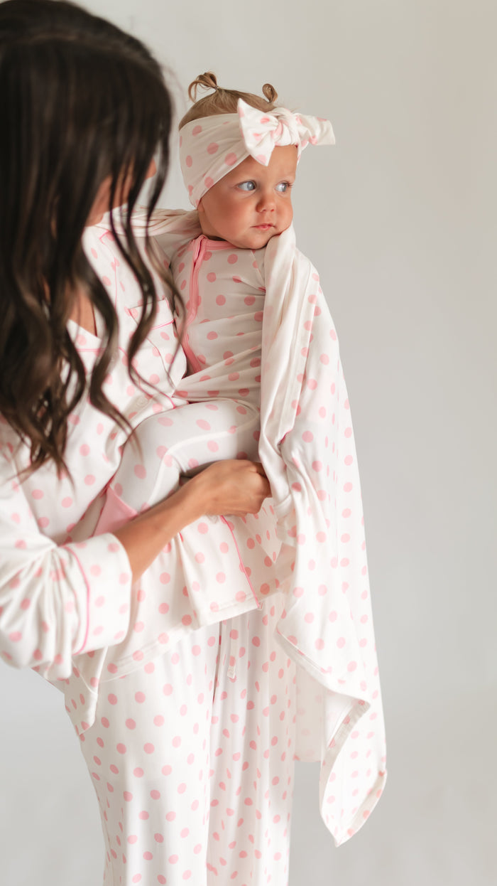 Infant Swaddle in White & Pink Polka Dot
