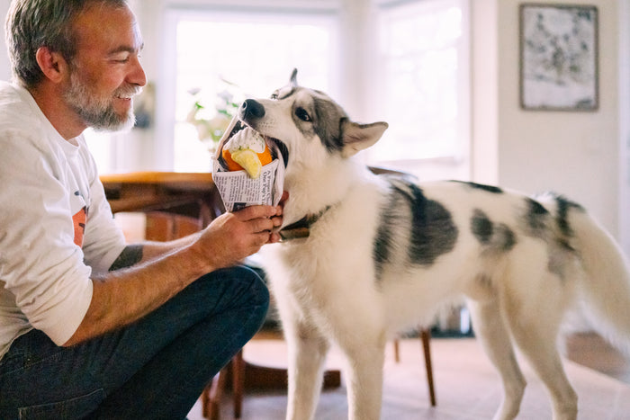 A man sitting with a dog indoors, holding P.L.A.Y. International Classic Chippy Chews