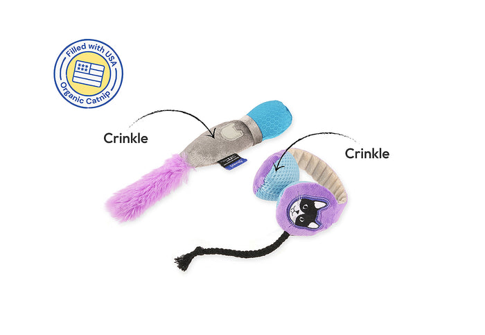 Jackson Galaxy x Feline Frenzy Mic Drop Duo featuring a microphone and headphone toy on a white background with crinkle features pointed out.