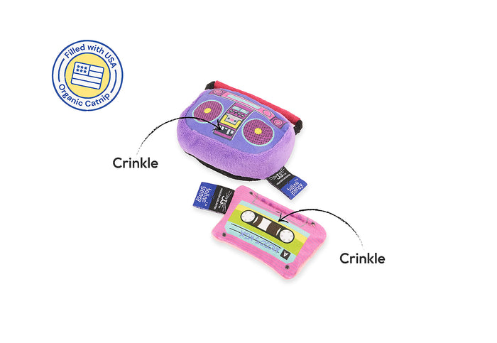 Jackson Galaxy x Feline Frenzy Playback Duo on a white background with crinkle features pointed out