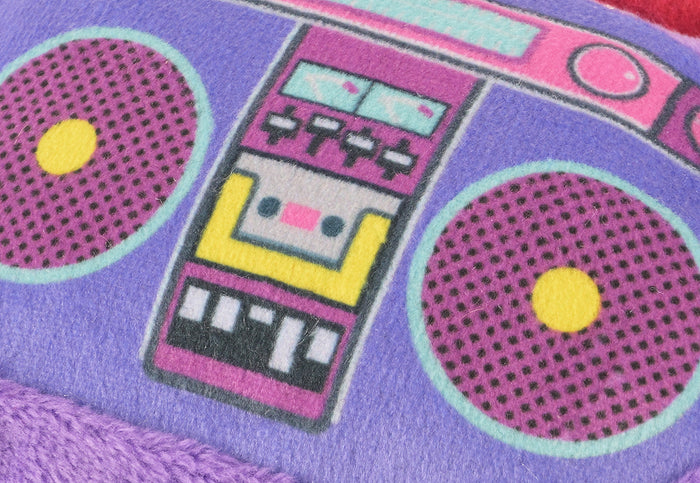 Close-up of the purple boombox from the Jackson Galaxy x Feline Frenzy Playback Duo featuring a retro design with pink speaker grilles, yellow centers, and a yellow cassette tape graphic.