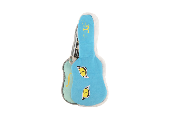 Jackson Galaxy x Feline Frenzy The Shredder kicker toy on white background with guitar toy tucked into case