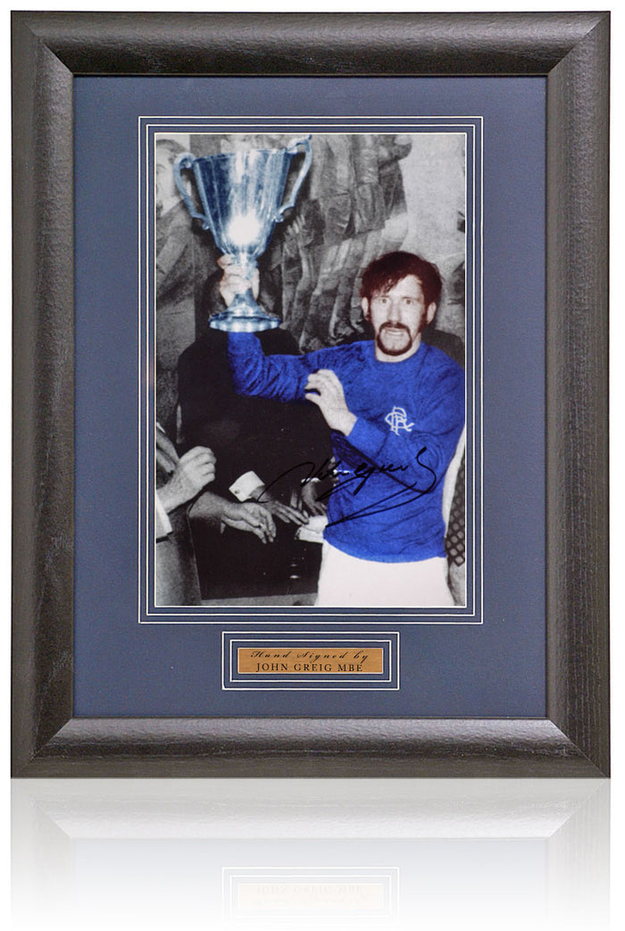 John Greig Rangers Legend Hand Signed 1972 ECWC Trophy Photograph 15x19" Framed
