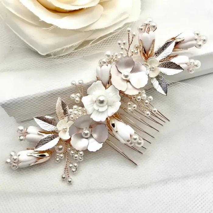 Wedding Hair Accessories - Pearl and Ceramic Flowers Bridal Hair Comb - Available in Silver, Gold and Rose Gold