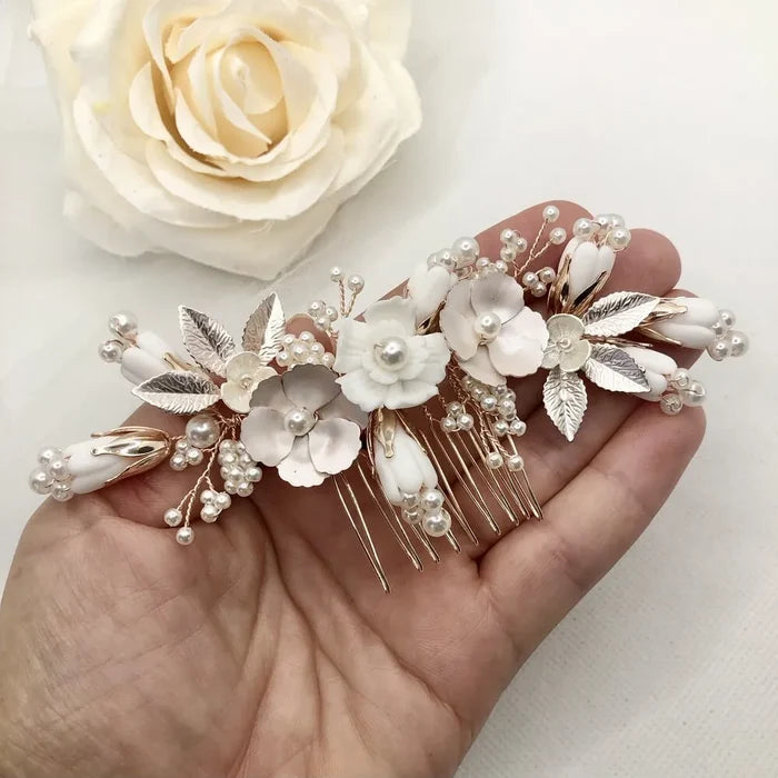 Wedding Hair Accessories - Pearl and Ceramic Flowers Bridal Hair Comb - Available in Silver, Gold and Rose Gold