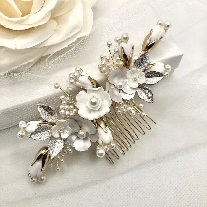 Wedding Hair Accessories - Pearl and Ceramic Flowers Bridal Hair Comb - Available in Silver, Gold and Rose Gold