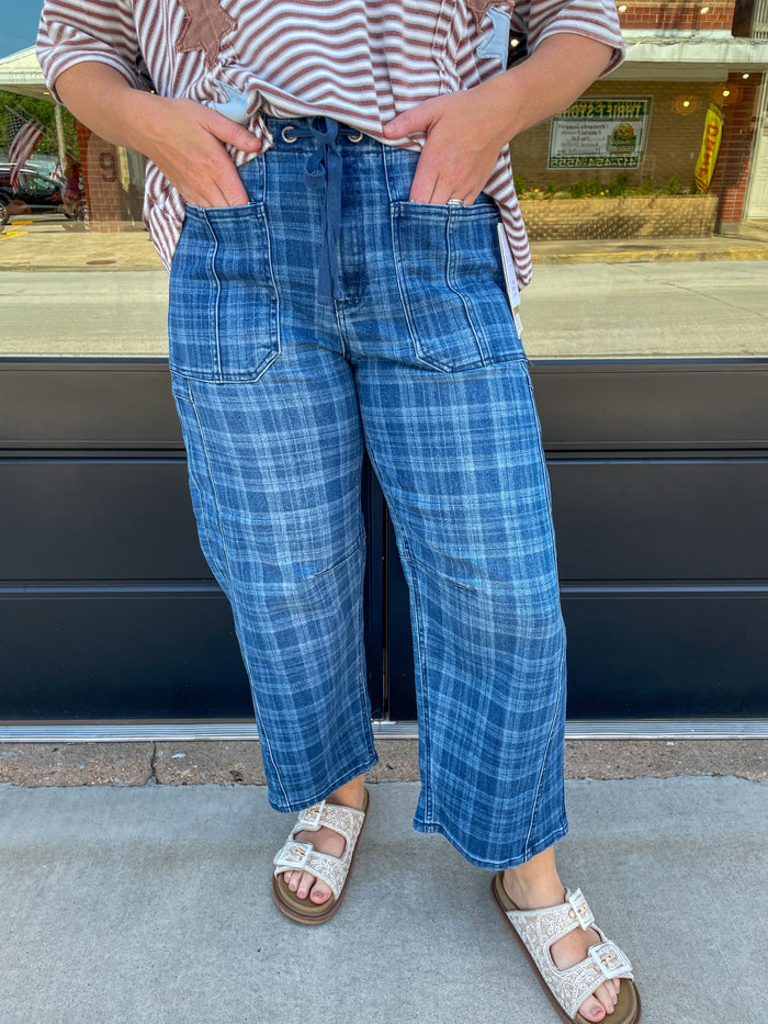 Juniper Plaid Barrel Jeans- Risen