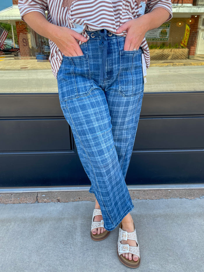 Juniper Plaid Barrel Jeans- Risen