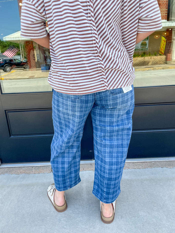 Juniper Plaid Barrel Jeans- Risen
