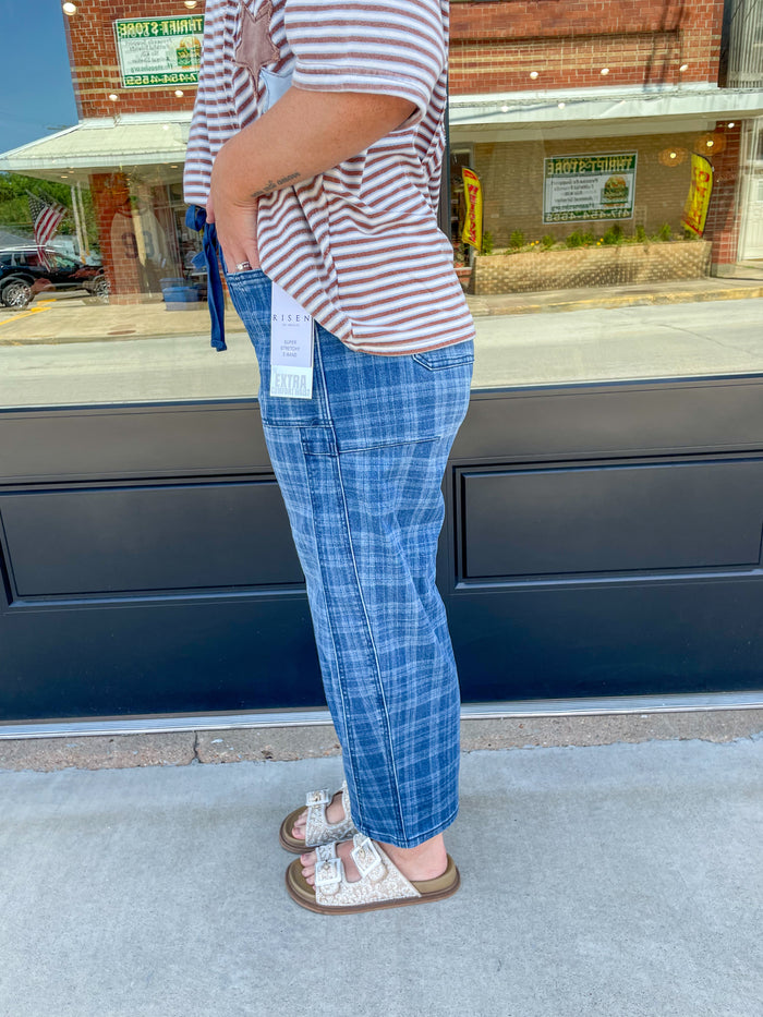 Juniper Plaid Barrel Jeans- Risen