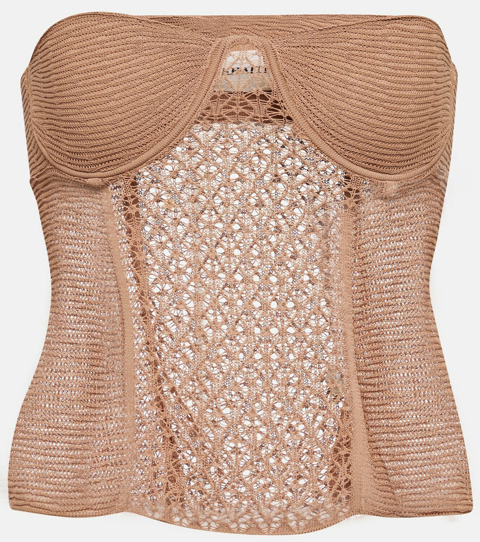 KHAITE The Lori Lace Almond Brown Corset Top - House Of Huntington