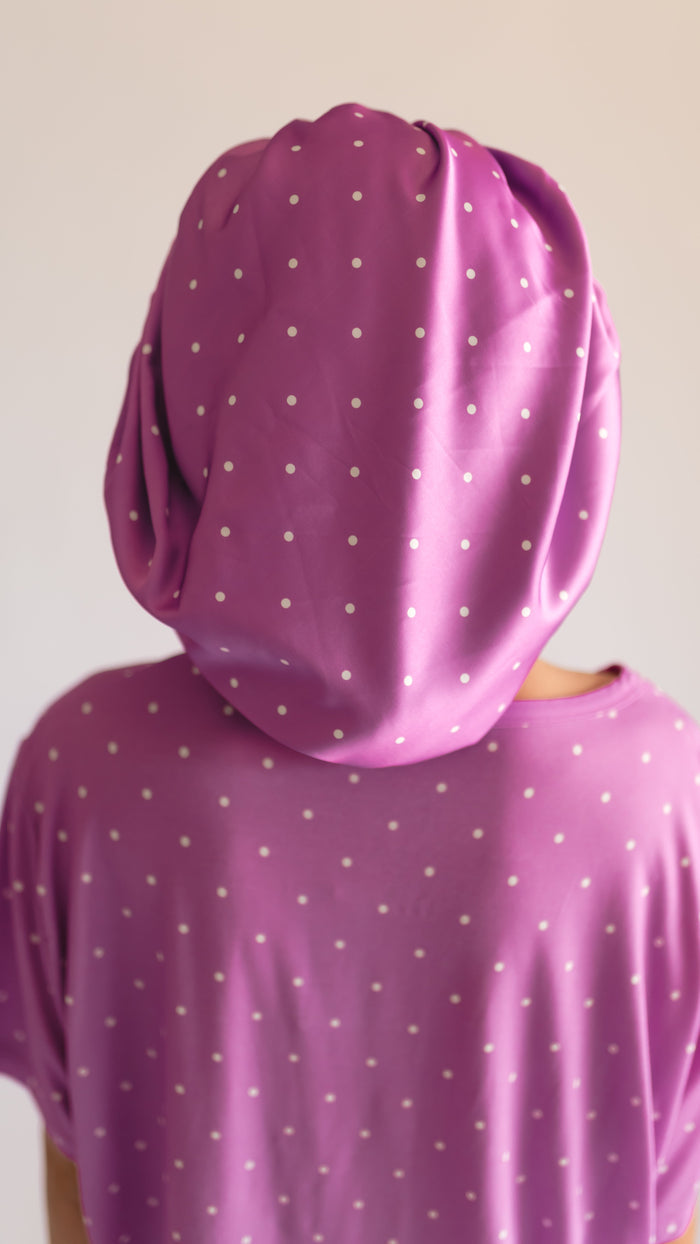 Kid's Satin Bonnet in Neon Purple Polka Dot