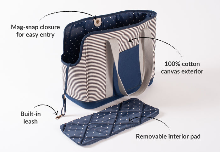 LeftPine x P.L.A.Y. Navy Striped Dog Carrier with feature callouts