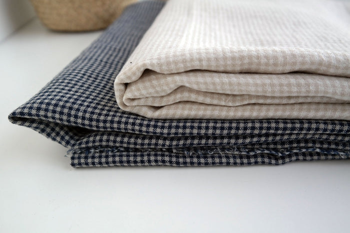 Linen Fabric Seersucker Gingham Check 7161 7235 - The Linen Lab - Beige 7161