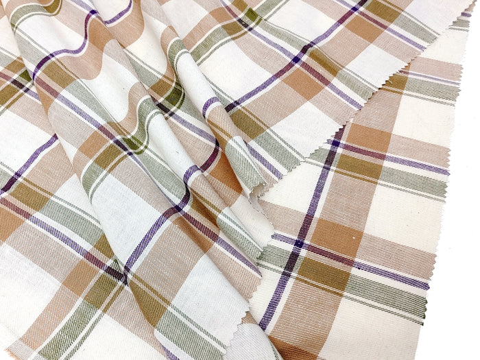 Linen-Cotton Beige Tartan Plaid Fabric, Twill Weave, Soft Finish, 4215