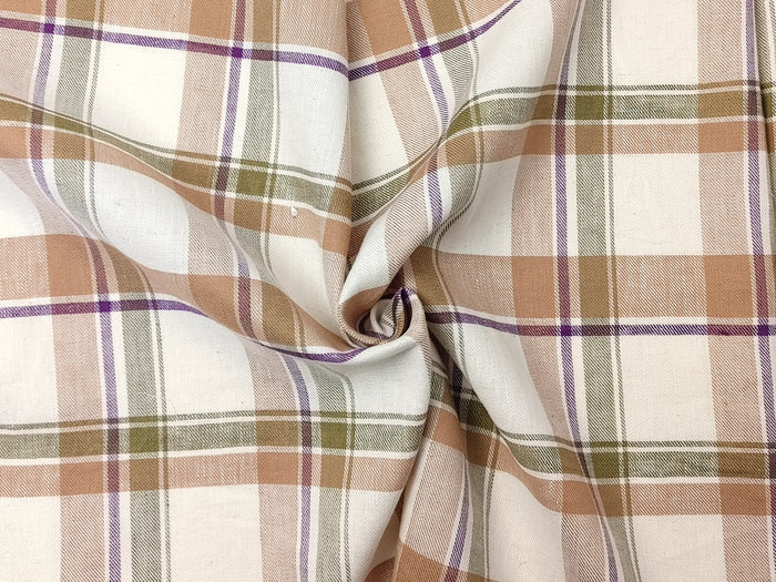 Linen-Cotton Beige Tartan Plaid Fabric, Twill Weave, Soft Finish, 4215