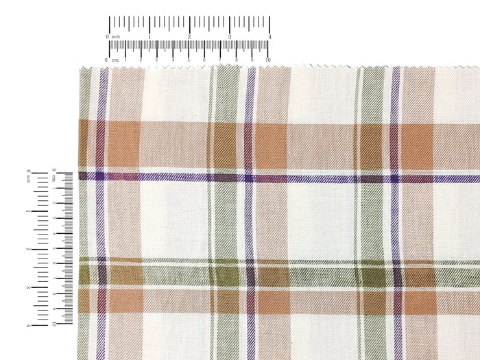 Linen-Cotton Beige Tartan Plaid Fabric, Twill Weave, Soft Finish, 4215