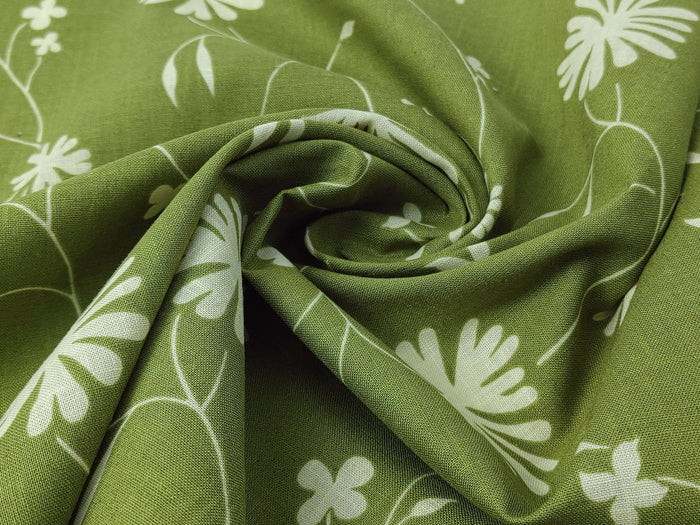 Linen Cotton Blended Fabric with Green Leaf Print (978) - The Linen Lab - Green