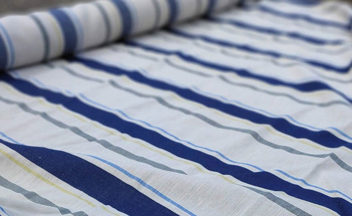 Linen Cotton Dobby Stripe Fabric (6396) - The Linen Lab - Beige with Navy