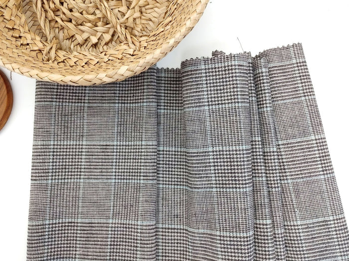 Linen Cotton Polyester Stretch Fabric with Glen Plaid Pattern 7479 - The Linen Lab - Brown