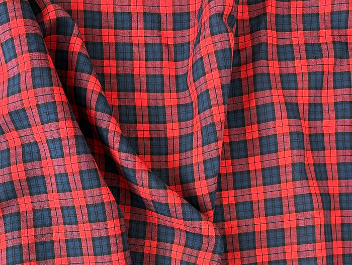 Linen Cotton Tencel Blend Fabric | Navy & Red Madras Plaid | Lightweight and Soft Touch 8363
