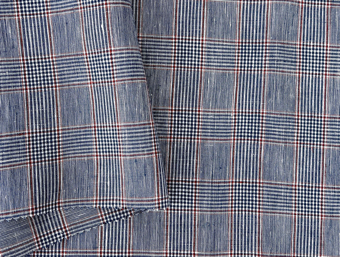 Linen Rayon Glen Plaid Fabric – Navy & White with Red Overcheck | Light-Medium Weight, Pre-Washed 3929