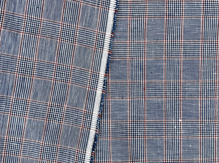 Linen Rayon Glen Plaid Fabric – Navy & White with Red Overcheck | Light-Medium Weight, Pre-Washed 3929