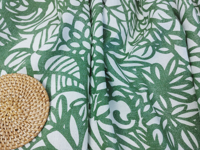 Linen Tencel Lurex Blend Fabric in Green Leaf Print 4082 - The Linen Lab - Green