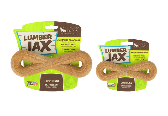P.L.A.Y. USA-made Lumber Jax Lickinlog - size small and large shown in packaging