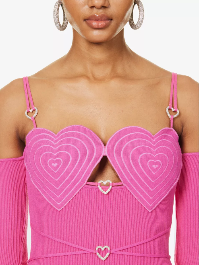 MACH & MACH Love Heart Crystal Detail Pink Knit Off Shoulder Party P21 Mini Dress - House Of Huntington