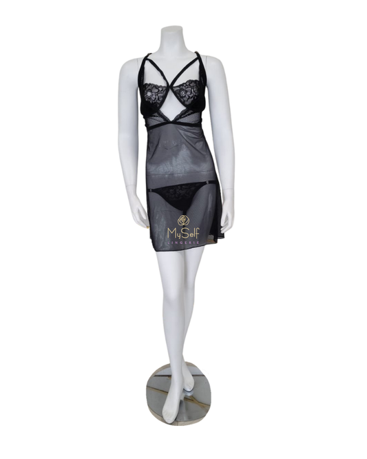 Mapale Plus Size Underwired Black Babydoll with Matching Thong myselflingerie.com