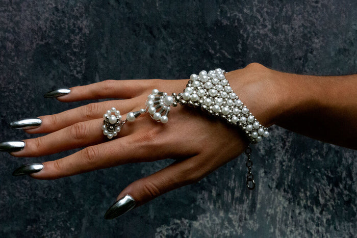 handcrafted beaded hand jewelry and ring from systethic Japanese pearl by object and dawn